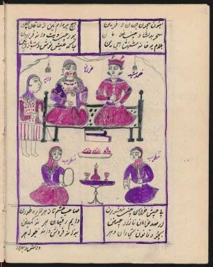 Illustration: Ḫūršīd Ḫwāwar lauscht mit einer jungen Frau Musikanten