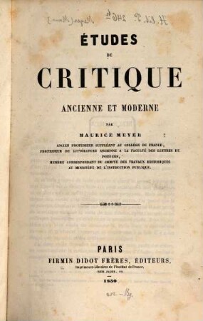 Études de critique ancienne et moderne