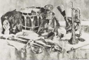 Bärenmütze, Trommel und Trompete : Hassebrauk, Ernst: Bärenmütze, Trommel und Trompete. Öl auf Leinwand; 80 x 114 cm. 1942. (Positivvorlage: SLUB, Nachlass, Hassebrauk, Ernst. Mscr.Dresd.App.2534,1247a)