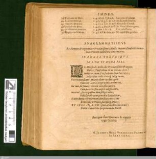 ANAGRAMMATISMVS / Ex Nomine et cognomine Praeclarißimi Musici Ioannis Donfridi horum / Concertuum Collectoris concinnatus.