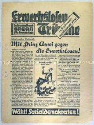 Mitteilungsblatt der SPD für Arbeitslose "Erwerbslosen- Tribüne" u.a. zur Reichstagswahl am 14. September 1930
