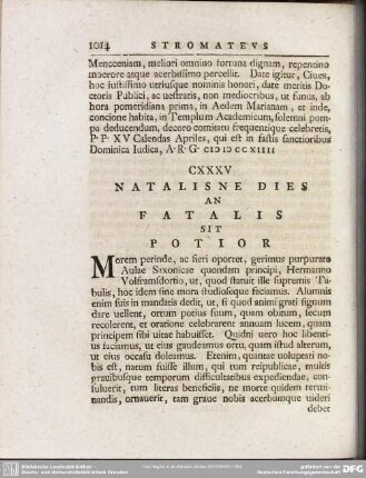 CXXXV Natalisne Dies An Fatalis Sit Potior