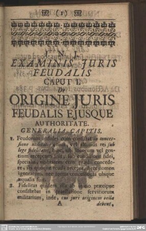 Caput I. De Origine Juris Feudalis Ejusque Authoritate