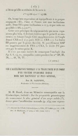 Sur l'accélération normale a la trajectoire d'un point d'un système invariable mobile dans son mouvement le plus général.