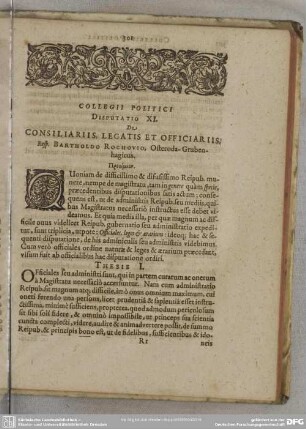 Disputatio XI. De Consiliariis, Legatis Et Officiariis