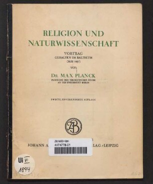 Religion und Naturwissenschaft : Vortrag gehalten im Baltikum (Mai 1937)
