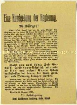 Flugblatt der Reichsregierung vom 8. Januar 1919 gegen den Januaraufstand