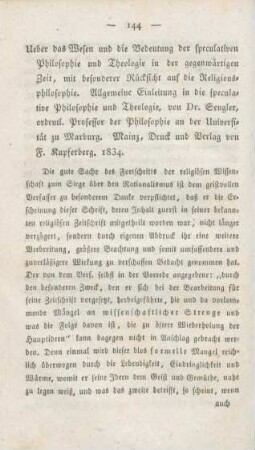 144-192 [Rezension] Sengler, Jakob, Über das Wesen und die Bedeutung der speculativen Philosophie und Theologie in der gegenwärtigen Zeit