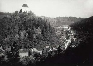 Ziegenrück : Ziegenrück. Stadtansicht mit Burg und Stadtkirche von Südwesten