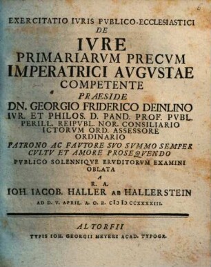 Exercitatio iur. publ.-eccl. de iure primariarum precum, imperatrici augustae competente