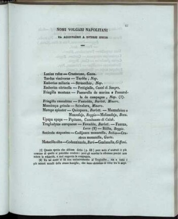 Nomi Volgari Napolitani Da Aggiungersi a Diverse Specie