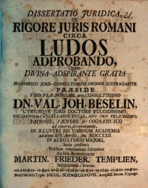 Diss. iur. de rigore iuris Romani circa ludos adprobando