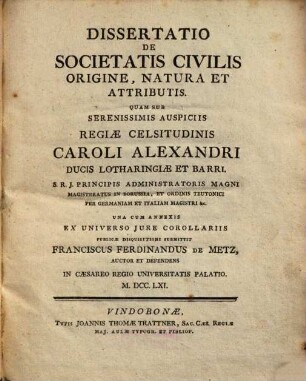 Dissertatio De Societatis Civilis Origine, Natura Et Attributis