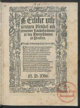 Etlike vth=||getagen Artikel vth || gemeiner Landeßordenin=||ge des Hertochdoms || in Prußen.|| ... ||