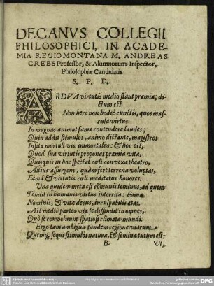 Decanus Collegii Philosophici, In Academia Regio Montana M. Andreas Crebs ...