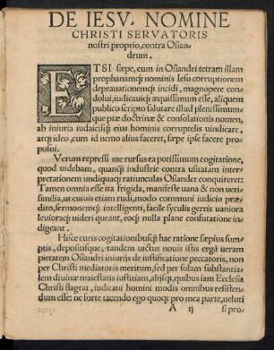 De Iesu, Nomine Christi Servatoris nostri proprio, contra Osiandrum.
