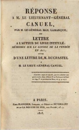 Réponse a M. le Lieutenant-Général Canuel