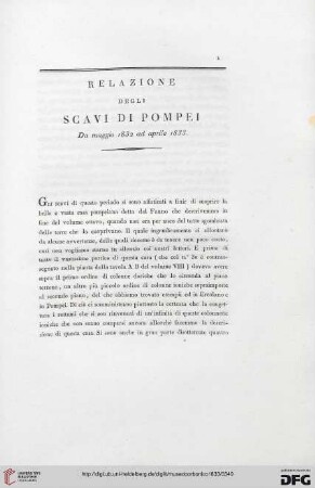 9: Relazione degli scavi di Pompei da maggio 1832 ad aprile 1833