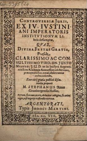 Controversiae iuris ex IV. Iustiniani imperatoris Institutionum libris desumptae