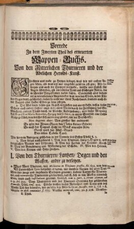 Vorrede zu dem zwenten Theil des erneuerten Wappen = Buchs. Von den Ritterlichen Thurnieren und der Adelichen Herolds = Kunft.