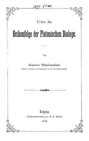 Ueber die Reihenfolge der Platonischen Dialoge