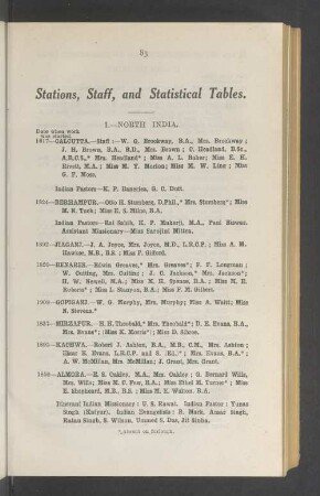 Stations, staff, and statistical tables