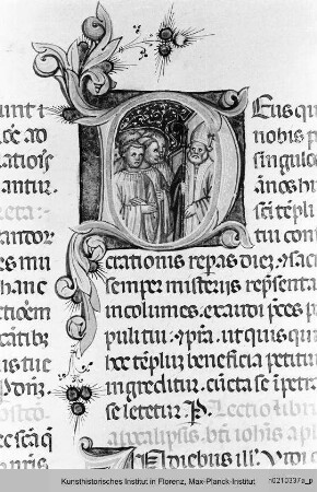 Missale Romanum : Textseite mit historisierter Initiale D: Bischof und Kleriker