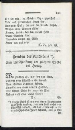 Freuden des Landlebens. Eine Umschreibung der zweyten Epode des Horaz.