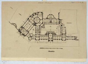 Grundriss des Obergeschosses und verso Lageplan der Kunstakademie (Lipsiusbau) auf der Brühlschen Terrasse in Dresden, 1887-1894 von Constantin Lipsius gebaut, wahrscheinlich Wettbewerbsentwurf von 1866/67