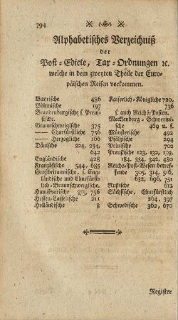 Alphabetisches Verzeichniß der Post-Edicte, Tax-Ordnungen c. welche in dem zweyten Theile der Europäischen Reisen vorkommen.