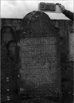 Grabstein 331 (Index: 100107762) Material: Kalkstein Zustand: stark verwittert Maße HxBxT: 138x69x14 cm Beschreibung: Stele, geschwungen eingezogener überhöhter Rundbogenabschluß, Schriftfeld rechteckig eingetieft: Grabstein 331