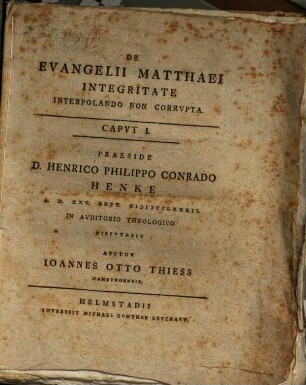 De Evangelii Matthaei Integritate Interpolando Non Corrvpta : Capvt I.