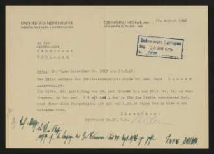 Universitäts-Nervenklinik an Rektoramt 29.8.1946