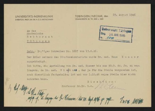 Universitäts-Nervenklinik an Rektoramt 29.8.1946