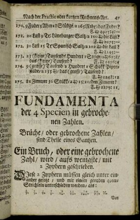 Fundamenta der 4 Specien in gebrochenen Zahlen.