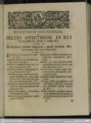 Cap. I. De Sensu ac veritate dogmatis, quod pretium affectionis non cadat in res fungibiles