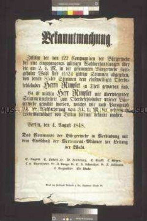 Maueranschlag: Bekanntmachung über die Wahl des Oberbefehlshabers der Bürgerwehr Rimpler; Berlin, 4. August 1848