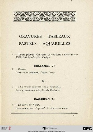 Gravures - Tableaux - Pastels - Aquarelles (Nr. 1-23)