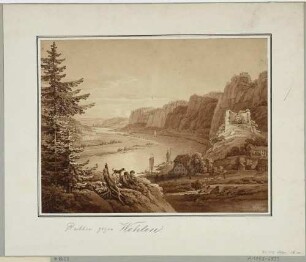 Das Elbtal bei Rathen in der Sächsischen Schweiz, Blick von oberhalb auf das alte Erbgericht nach Westen