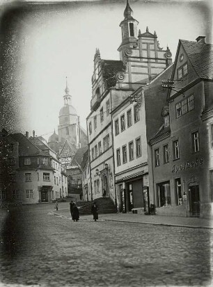 Colditz, Markt, Blick nach Ostnordost auf Stadtkirche St. Aegidien und Rathaus