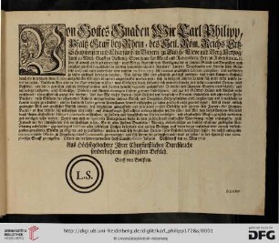 Von Gottes Gnaden Wir Carl Philipp, Pfaltz-Graff bey Rhein, des Heil. Röm. Reichs Ertz-Schatzmeister und Churfürst, ... Uns ist annoch gnädigst erinnerlich, was Wir zu Ausrott- und Vertilgung der in Unseren Gülich- und Bergischen auch angehörigen fort benachbahrten Landen herumbstreichender Zigeuner, jauner, Vagabunden und Herren-losen Gesindels nach und nach sonderbahr aber unterm 20. Febr. 1725. für General gnädigstes Edictum ausgehen, und verkünden zu lassen gnädigst bewogen worden ... : Düsseldorff den 29. May 1728