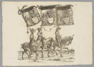 Ritter mit den Bannern der österreichischen Erblande Säckingen, Hohenberg und Nellenburg, Blatt 62 aus: Marx Treitzsaurwein, "Kaiser Maximilian I Triumph – le triomphe de l’Empereur Maximilien I en une suite de Cent trent cinq planches gravées en bois d’après les dessins de Hans Burgmair", Wien 1796