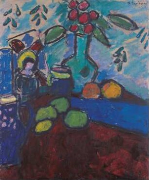 Stillleben mit Hinterglasbild, grüner Vase und Früchten