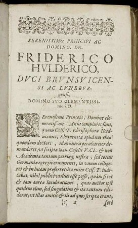 Serenissimo Principi Ac Domino. DN. Friderico Hulderico, [...]