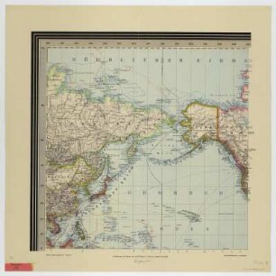 Weltkarte, 1:35 000 000, 1910 : Henze, Adolf : Henze's Weltkarte : in Mercators Projection ; mit besonderer Berücksichtigung des Welt- und Handelsverkehrs, des Kolonialbesitzes und der Polargebiete ; Section I-VI / Adolf Henze. - 1:35 000 000 Leipzig-Neustadt : Henze , [ca. 1910]. - 6 Kt. : Lithogr. ; 45 x 45 cm + Zeichen-Erklärung u. Erläuterung. - 12 Nebenkarten
