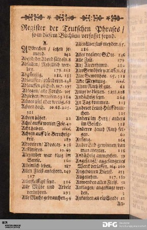 Register der Teutschen Phrases / so in diesem Büchlein verfasset seynd.