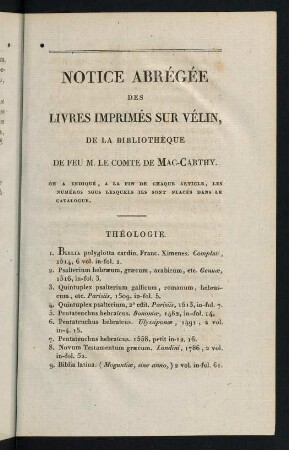 259-289, Notice Abrégée des Livres Imprimés sur Vélin, de la Bibliothèque de Feu M. le Comte de Mac-Carthy