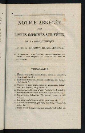 259-289, Notice Abrégée des Livres Imprimés sur Vélin, de la Bibliothèque de Feu M. le Comte de Mac-Carthy