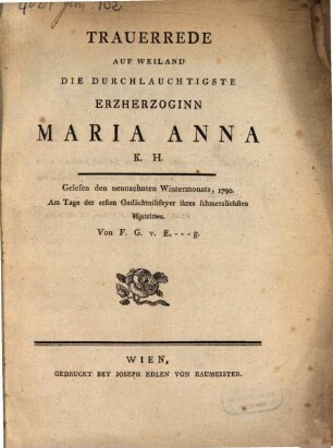 Trauerrede auf Maria Anna Erzherzoginn