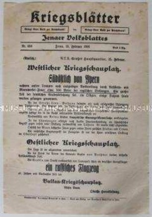Extrablatt des "Jenaer Volksblattes" mit Kriegsnachrichten von verschiedenen Fronten